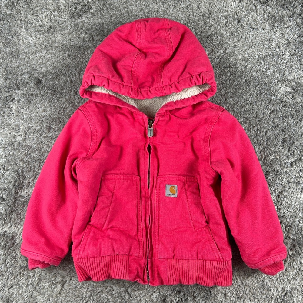 Carhartt Canvas Hooded Jacket Kids 18M Pink Sherpa Lined Active Zip Up Coat